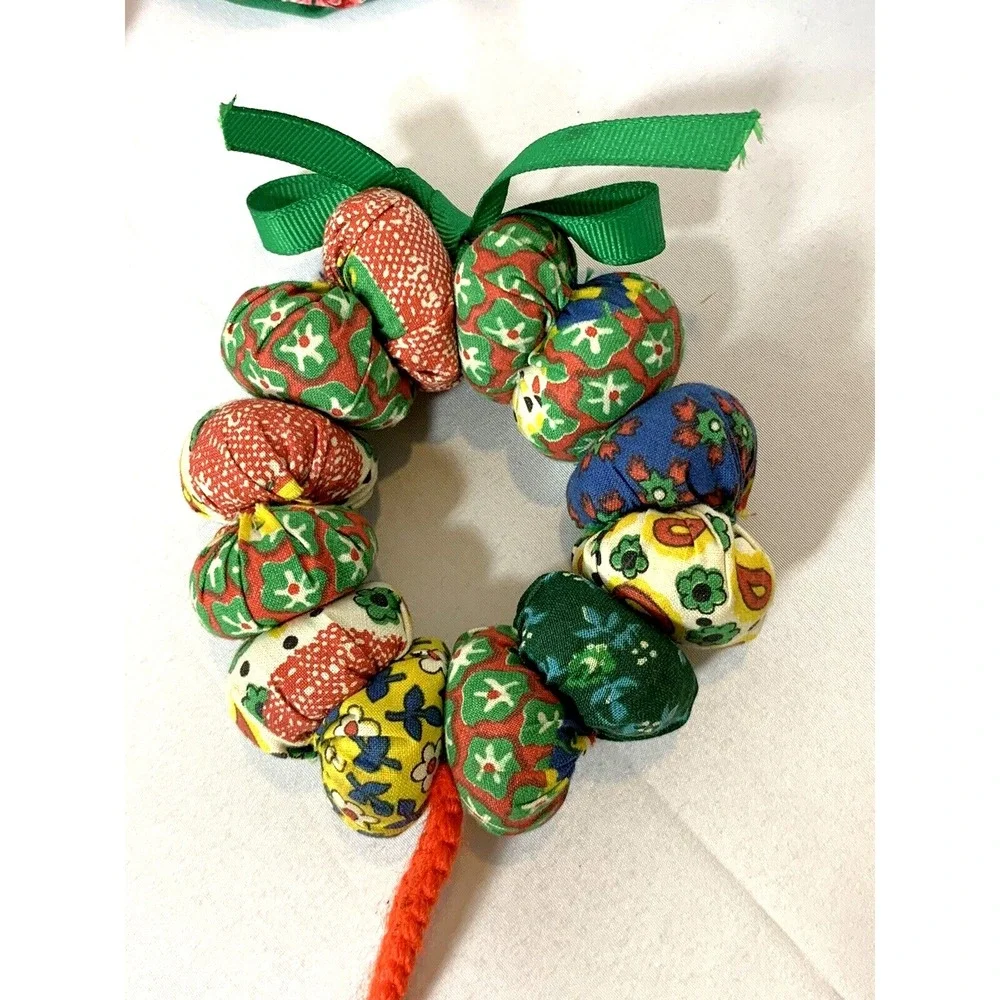 Quilted Fabric Christmas Ornaments Hand Made Stocking Tree Wreath Set of 3 VINTG